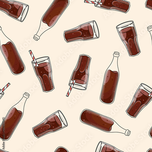 Seamless pattern with cute hand drawn soft soda drink bottles and glasses. Fun abstract vector background for poster, package, advertising, fabric, wallpaper, textile, banner, web.