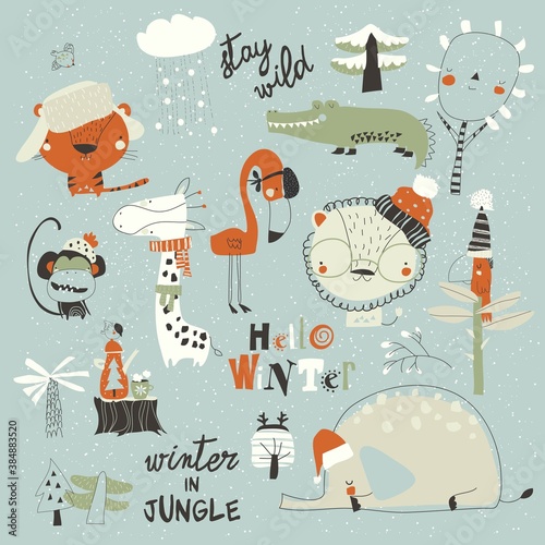Cartoon wild animals meeting winter in jungle