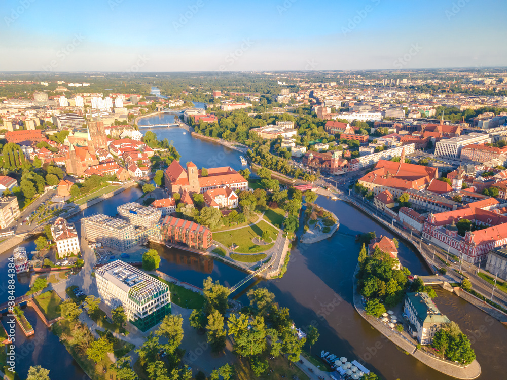 Naklejka premium Aerial panoramic view of Wroclaw city old town
