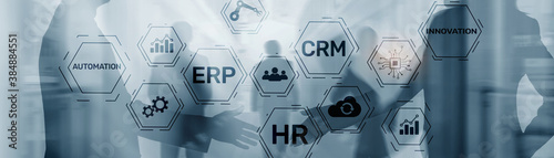 Erp Crm Hr Innovation inscriptions and icons on business background. photo