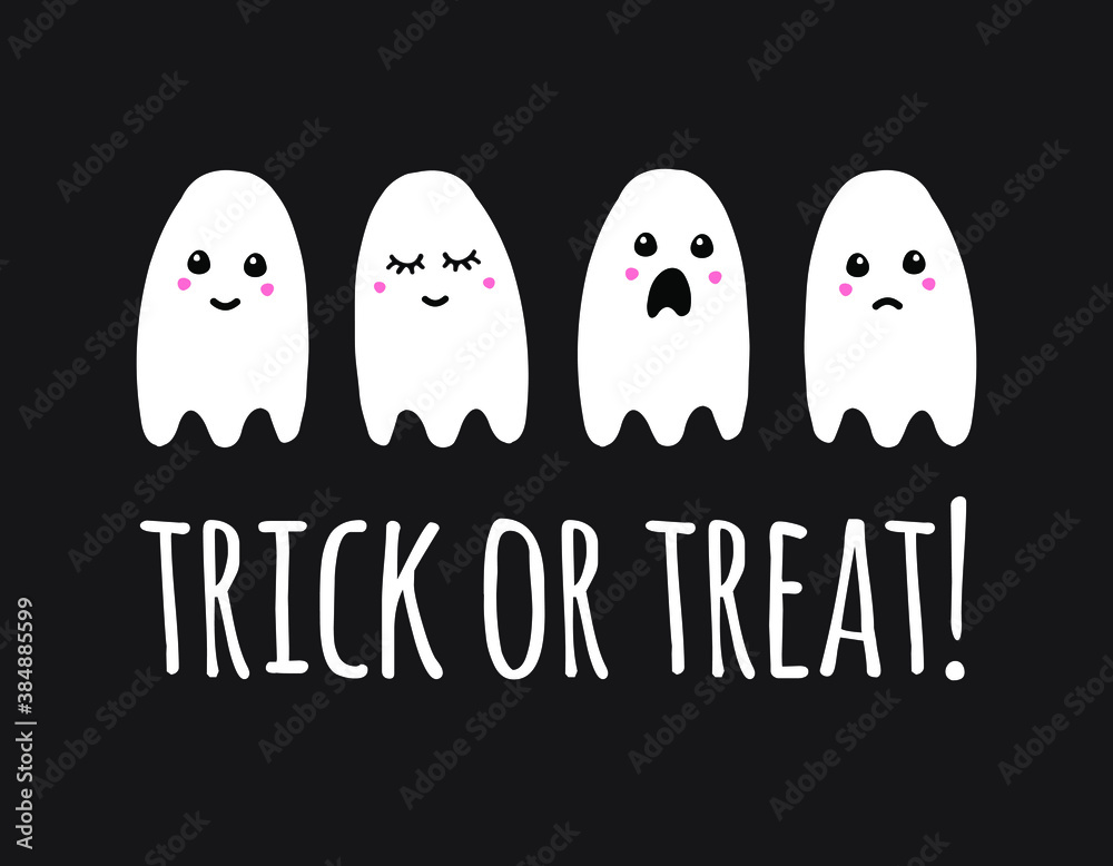 Vector hand drawn doodle sketch ghost and trick or treat lettering isolated on black background Vector hand drawn doodle sketch ghost and trick or treat lettering isolated on black background