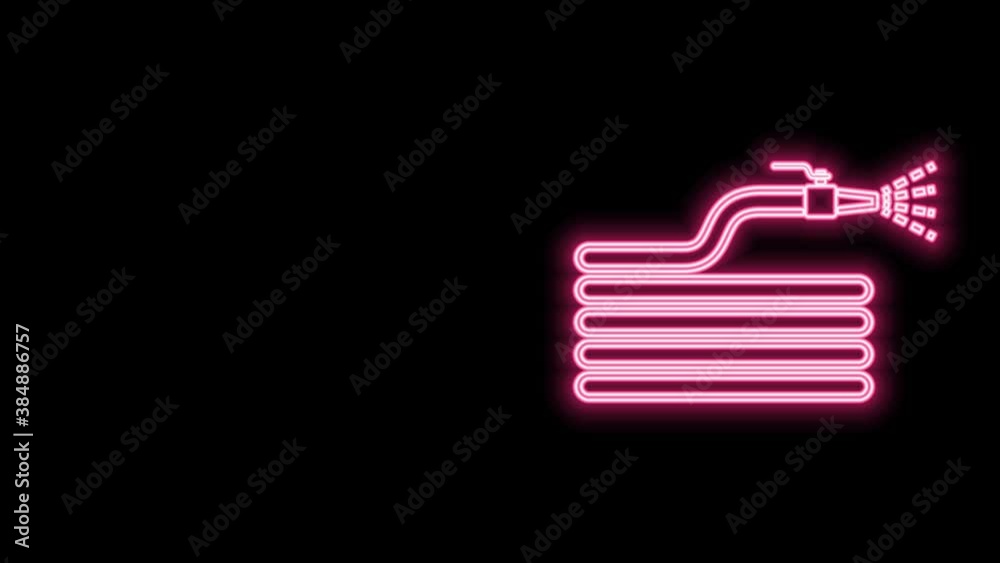 Glowing neon line Garden hose or fire hose icon isolated on black background. Spray gun icon. Watering equipment. 4K Video motion graphic animation Glowing neon line Garden hose or fire hose icon isolated on black background. Spray gun icon. Watering equipment. 4K Video motion graphic animation