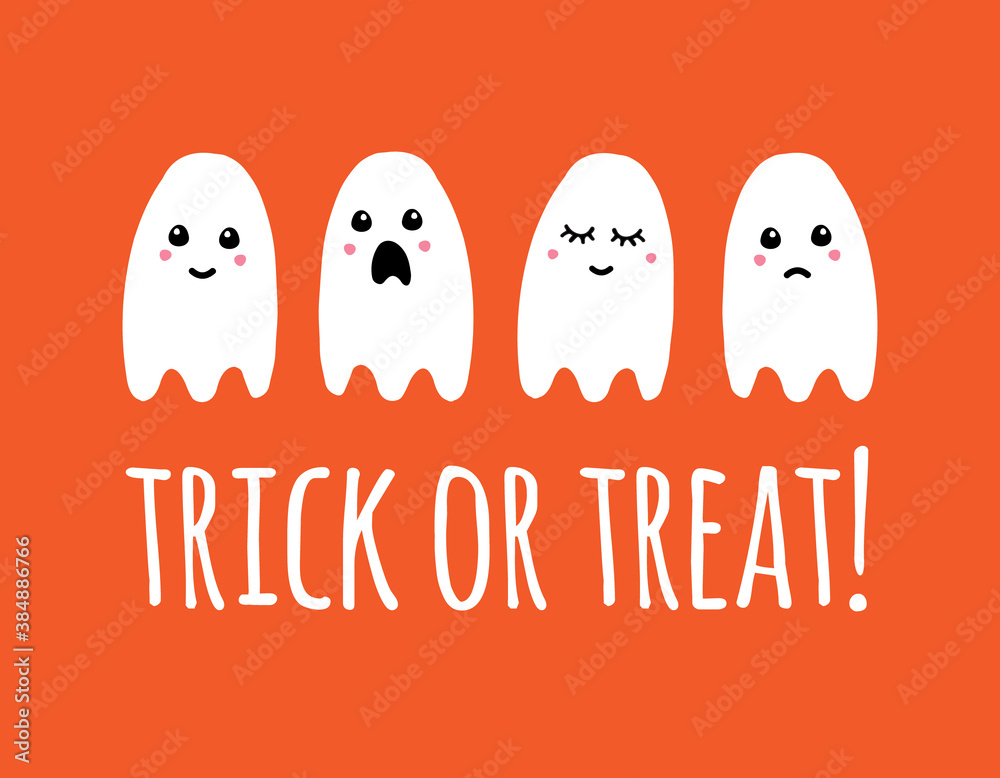 Vector hand drawn doodle sketch white ghost and trick or treat lettering isolated on orange background Vector hand drawn doodle sketch white ghost and trick or treat lettering isolated on orange background