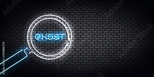 Vector realistic isolated neon sign of magnifier with Ghost lettering for template decoration and invitation covering.