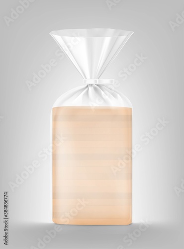 Bread package mockup. Transparent plastic bag with clip. Vector illustration Packaging template ready for your design, presentation, promo, adv. EPS10.