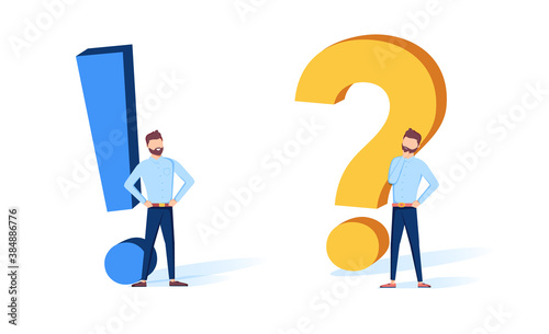 Concept of thinking and the emergence of ideas. A thinking or doubting man is near a big question mark.