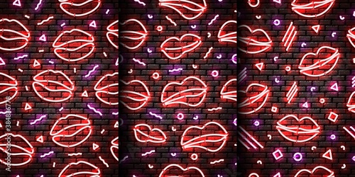 Vector set of realistic isolated neon sign of seamless pattern with lips for template decoration and invitation design on a seamless wall.