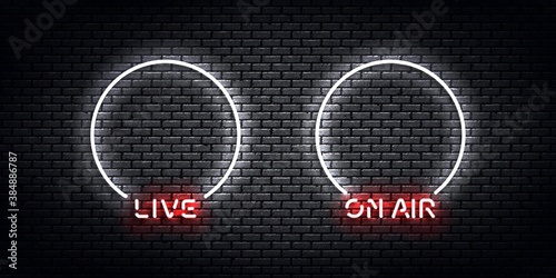 Vector set of realistic isolated neon sign of Live and On Air frames for decoration. Concept of podcast and live streaming.