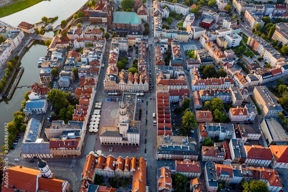 Aerial drone view on Opole city center and old town.