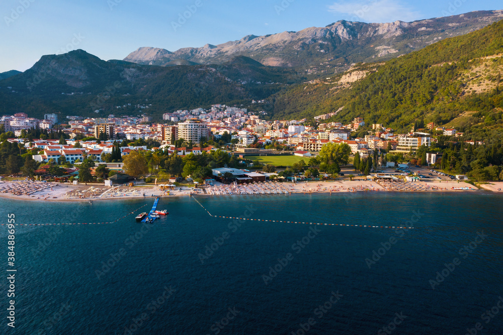 Fototapeta premium Budva. Montenegro. City, port, sea and beach views. View from above.