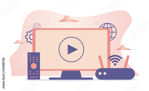 Smart tv multimedia concept in vector illustration. Television set with remote control and mediaplayer box connected