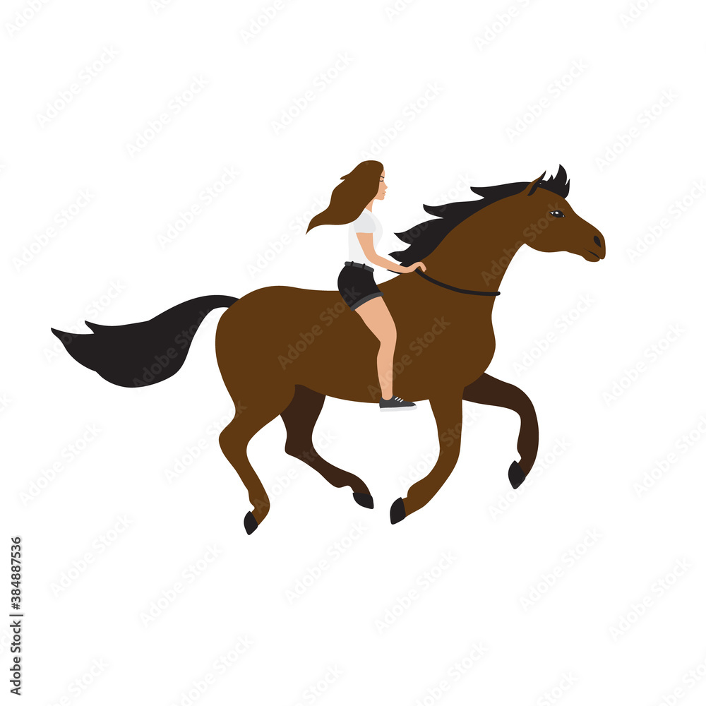 Vector flat cartoon girl woman riding free horse isolated on white background