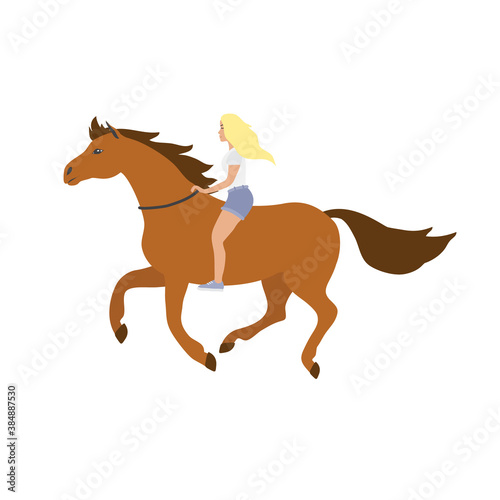 Vector flat cartoon blond girl woman riding free brown horse isolated on white background