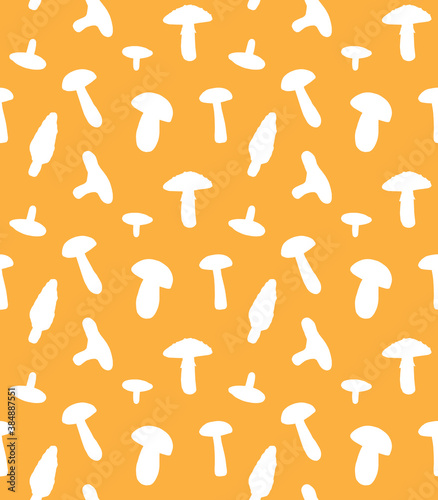 Vector seamless pattern of white hand drawn mushroom silhouette isolated on orange background