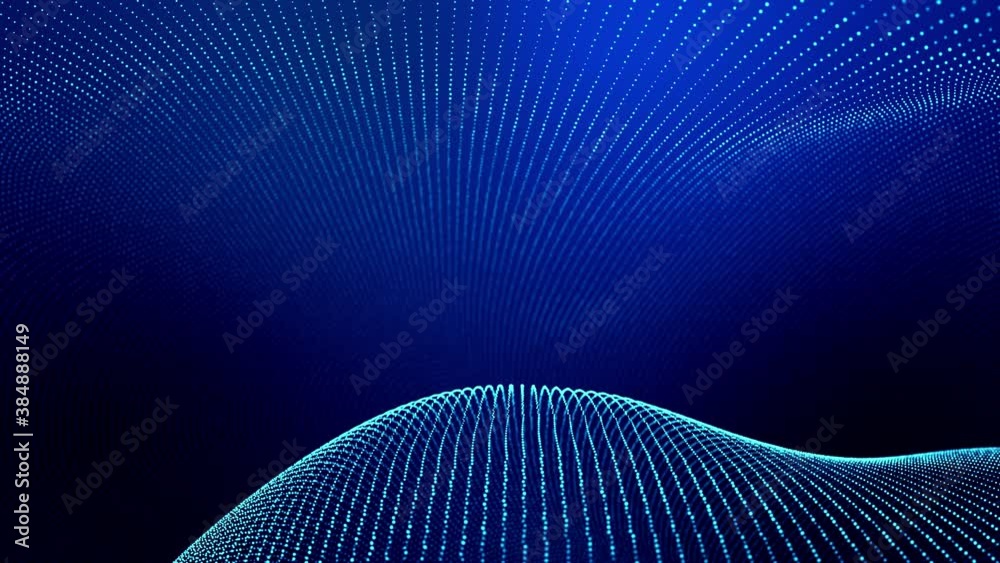4k looped abstract background of glow particles form lines, surfaces as futuristic landscape in cyberspace or hologram. Sci-fi theme of microworld, nanotechnology or cosmic space. Blue strings 8