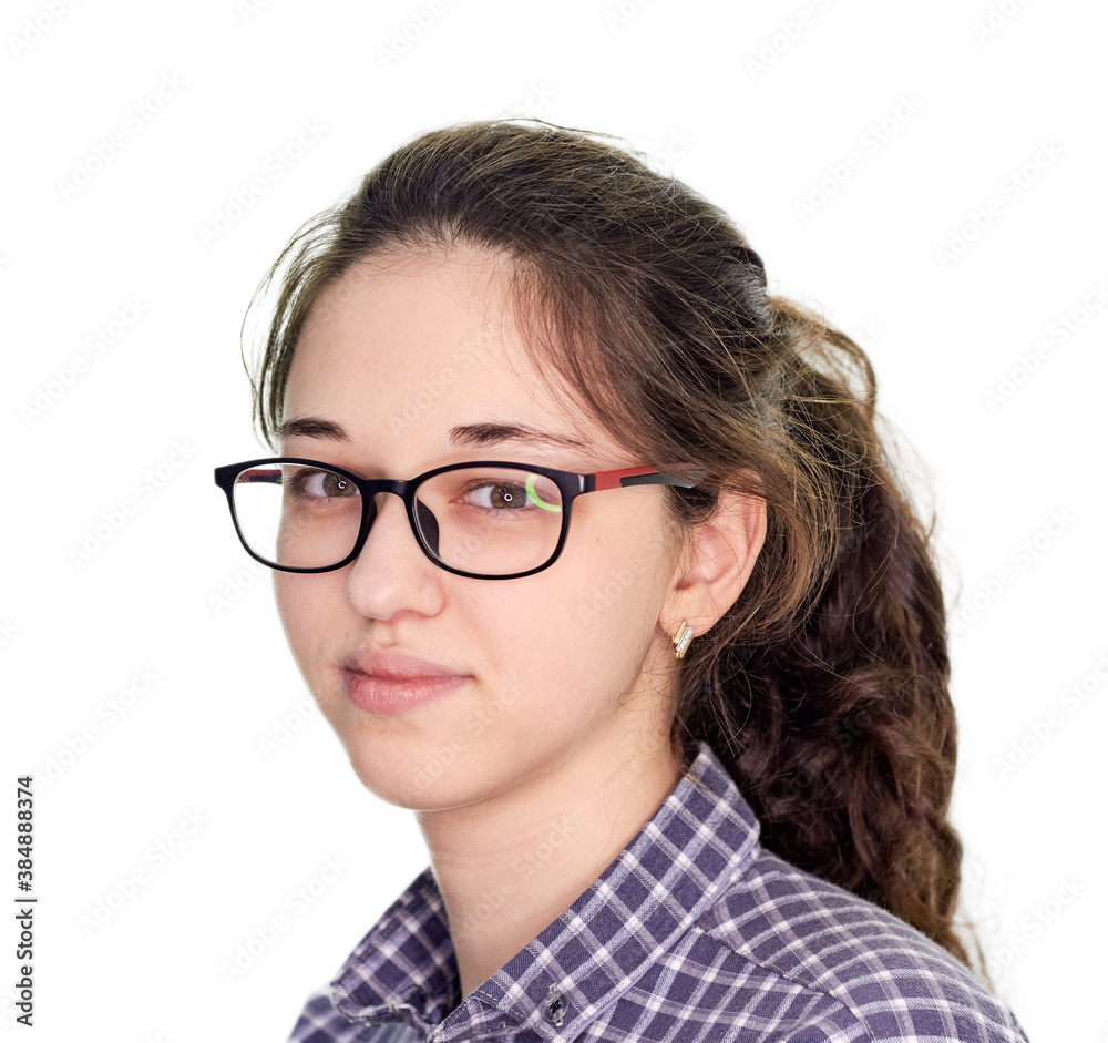 a young girl with glasses and a shirt on a white background, a difficult choice of profession