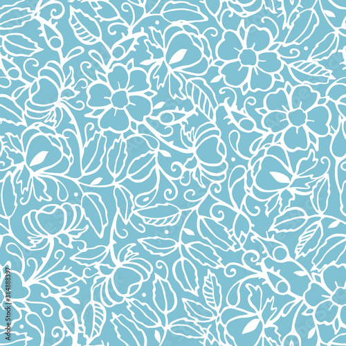 Retro wild rose leaf pattern. Vintage monochrome folksy line art floral design. White outline plant on blue background. Elegant nature background. Perefect for event, wedding and gift wrap.