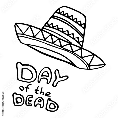 Outline mexican sombrero on white isolated backdrop. Day of the dead symbol for invitation or gift card, notebook, bath tile, scrapbook Phone case or cloth print Doodle style stock vector illustration