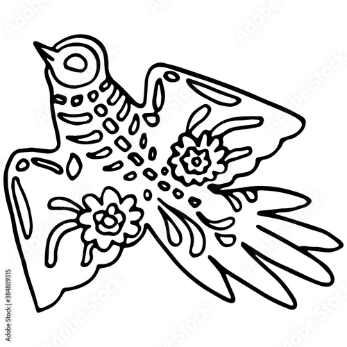 Outline tribal bird on white isolated backdrop. Day of the dead symbol for invitation or gift card, notebook, bath tile, scrapbook Phone case or cloth print Doodle style stock vector illustration