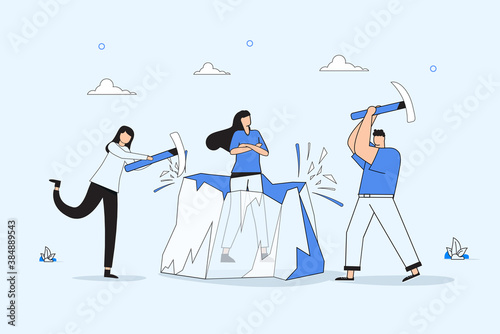 Ice breaking or icebreaker activity, game and event. Vector artwork of a group of people using sledgehammer to break it