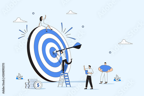 Business Vision, big target with people, teamwork, people run to their goal, move up motivation, target achievement.