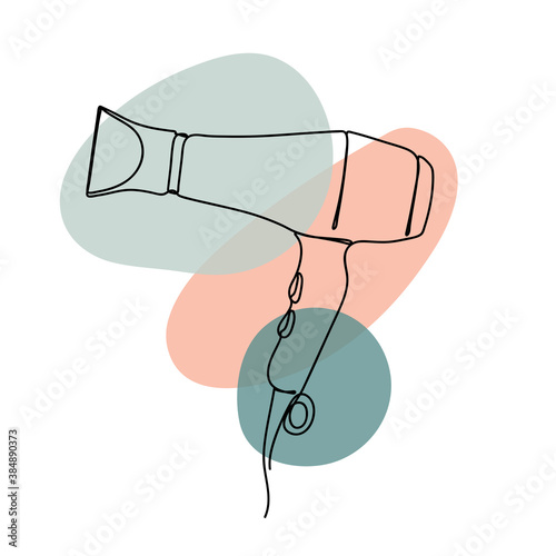 Abstract image with continuous black line of a hairdryer with colorful abstract stains. Isolated on white.
