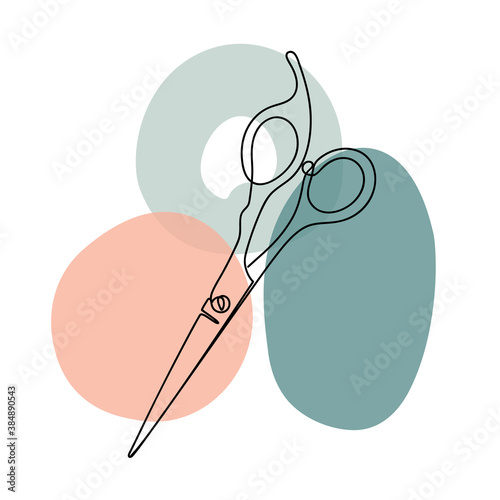 Abstract image with continuous black line of scissors with colorful abstract stains. Isolated on white.