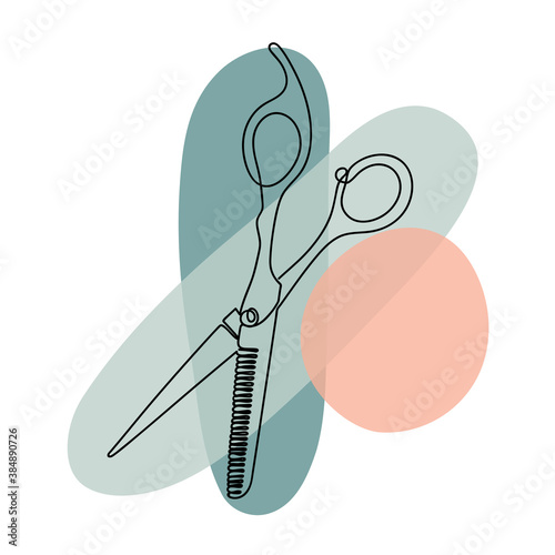 Abstract image with continuous black line of scissors with colorful abstract stains. Isolated on white.