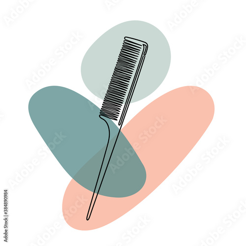 Abstract image with continuous black line of a comb with colorful abstract stains. Isolated on white.