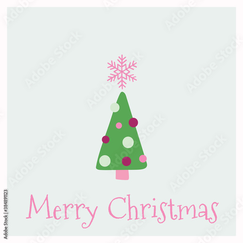 Cute Merry Christmas greeting card with pink lettering and a green colorful simple tree illustration. Vector design element. Great for stickers, labels, tags, and icons.