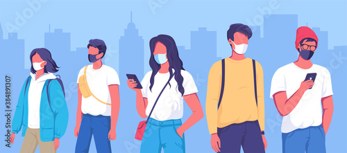 Different people wearing masks outdoor vector illustration