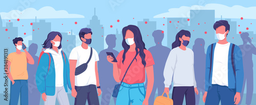 A crowd of different people wearing masks to protect themself from coronavirus 