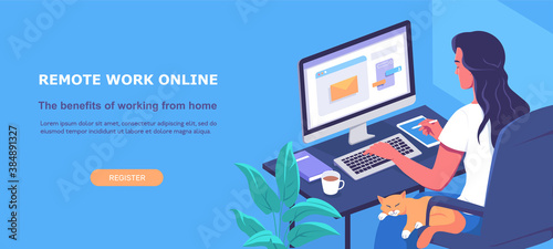 Young woman works remote online isometric vector illustration 