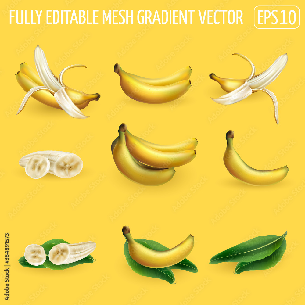 Set of banana compositions on a yellow background.
