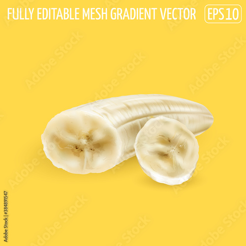 Peeled banana slices on a yellow background.