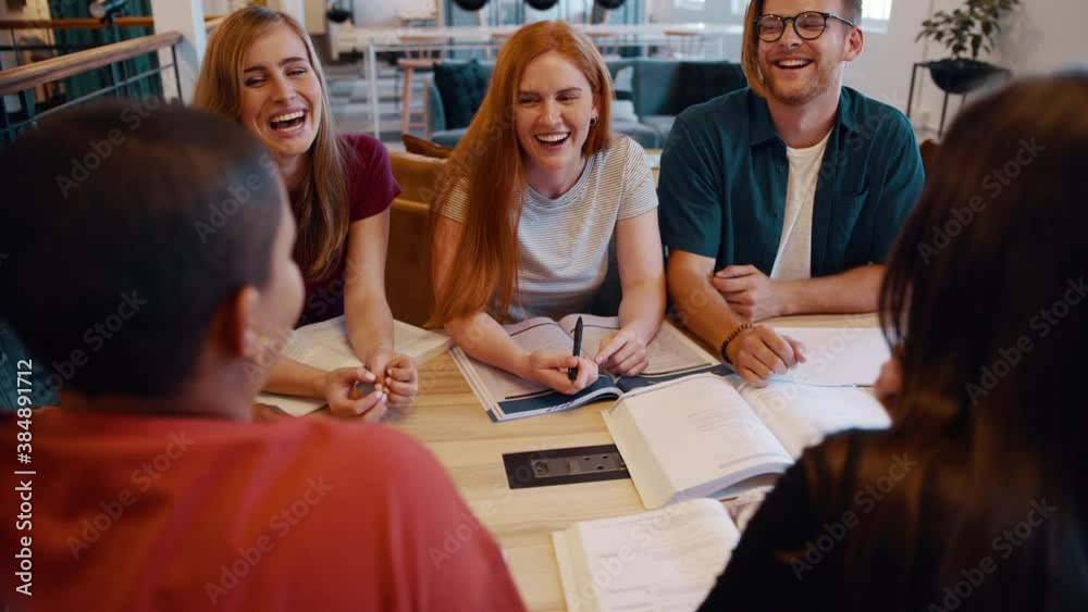 Group of students studying together in college library and smiling. Classmates smiling during group study in university campus.
Group of students studying together in college library and smiling. Classmates smiling during group study in university campus.