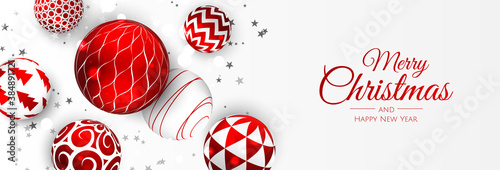 Merry Christmas web banner, gold and red xmas ball. Background for invitation or seasons greeting.