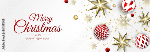 Merry Christmas and Happy New Year Holiday white banner illustration. Xmas design with realistic vector 3d objects, golden christmass ball, snowflake, glitter gold confetti.
