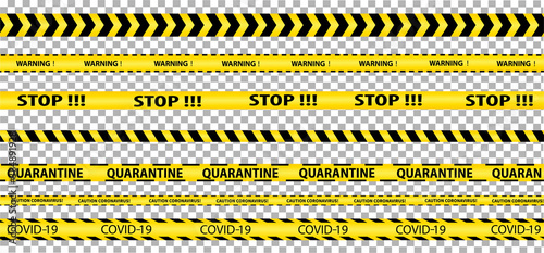 Quarantine Tape Set. Stop, coronavirus pandemic warning. Dangerous zone. The stripes are yellow and black. Isolated on a transparent background. Vector image.  © Evi