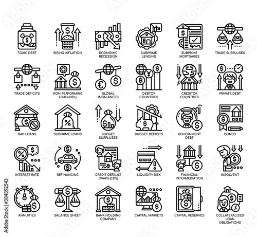 Set of Financial Crisis thin line and pixel perfect icons for any web and app project.