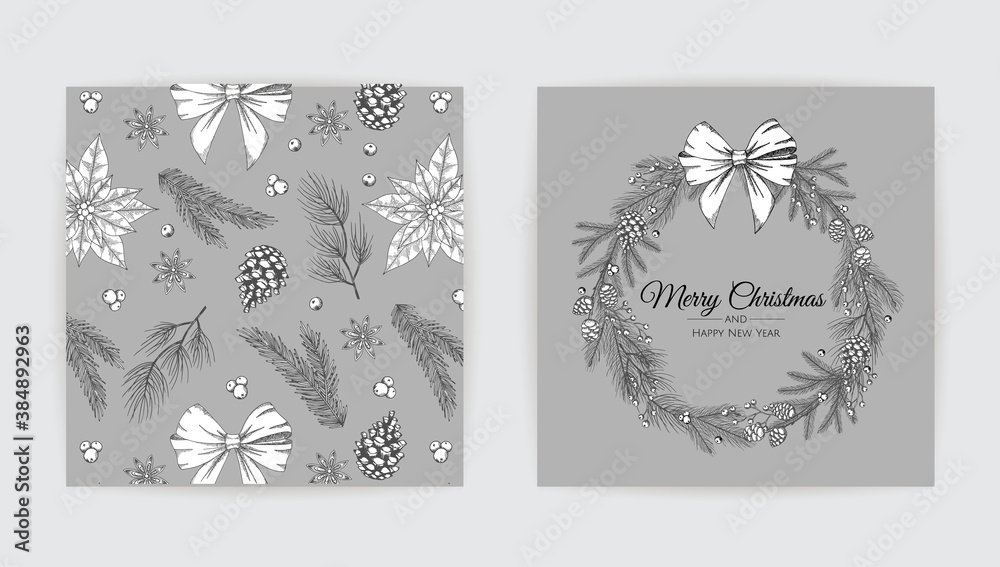 Merry Christmas greeting card with new years tree. Vector holiday illustration.