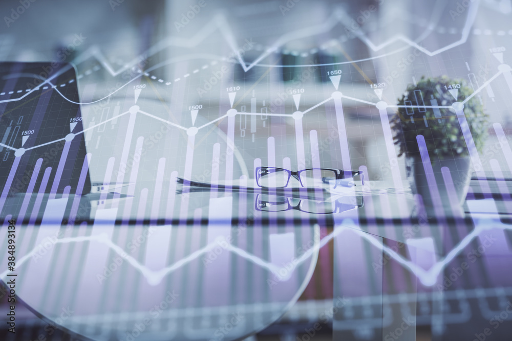 Double exposure of financial graph drawing and office interior background. Concept of stock market. Double exposure of financial graph drawing and office interior background. Concept of stock market.
