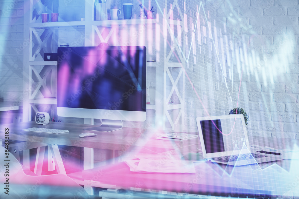 Double exposure of financial graph drawing and office interior background. Concept of stock market. Double exposure of financial graph drawing and office interior background. Concept of stock market.