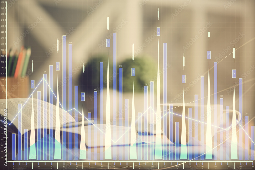 Multi exposure of forex graph drawing and desktop with coffee and items on table background. Concept of financial market trading Multi exposure of forex graph drawing and desktop with coffee and items on table background. Concept of financial market trading