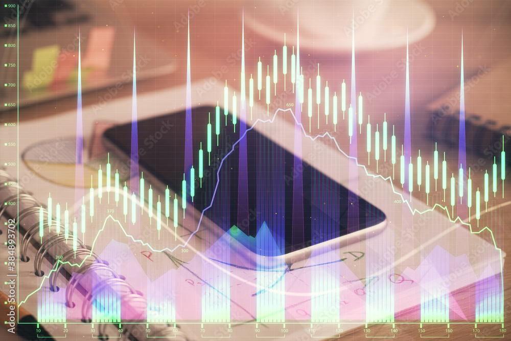 Double exposure of forex chart drawing and cell phone background. Concept of financial data analysis Double exposure of forex chart drawing and cell phone background. Concept of financial data analysis