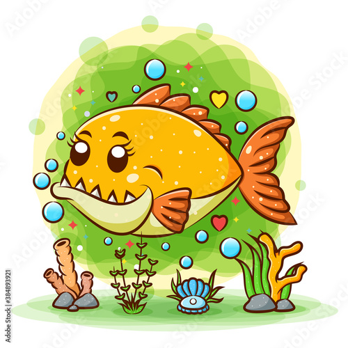 Small orange piranha has many big teeth