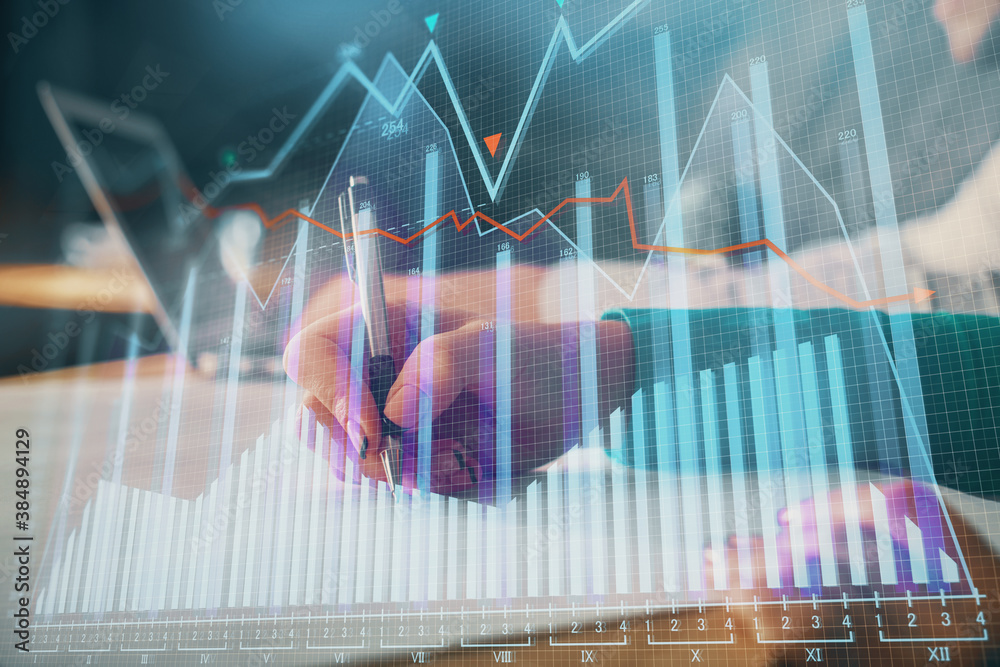 Double exposure of forex chart drawing over people taking notes background. Concept of financial analysis Double exposure of forex chart drawing over people taking notes background. Concept of financial analysis
