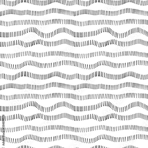 Wavy dotted lines vector seamless pattern. Horizontal brushstrokes, vertical dashes. Doodle stripes and waves. Black paint hand drawn background. Trendy monochrome texture with hand drawn doodle lines