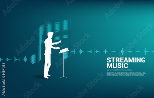 Music conductor with equalizer wave as music note. Concept background for orchestra concert and recreation.