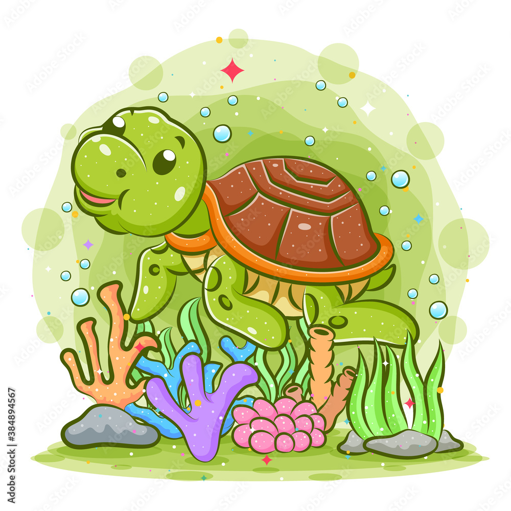 Obraz premium The little turtle has the brown shell is swimming the water